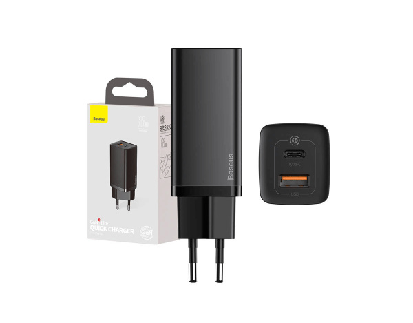 Ładowarka sieciowa Baseus GaN2 Lite, USB + USB-C, 65W, EU (czarna)